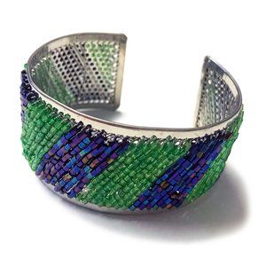 Handmade Glass Bead Cuff Bracelet Grn. Purple NWOT
